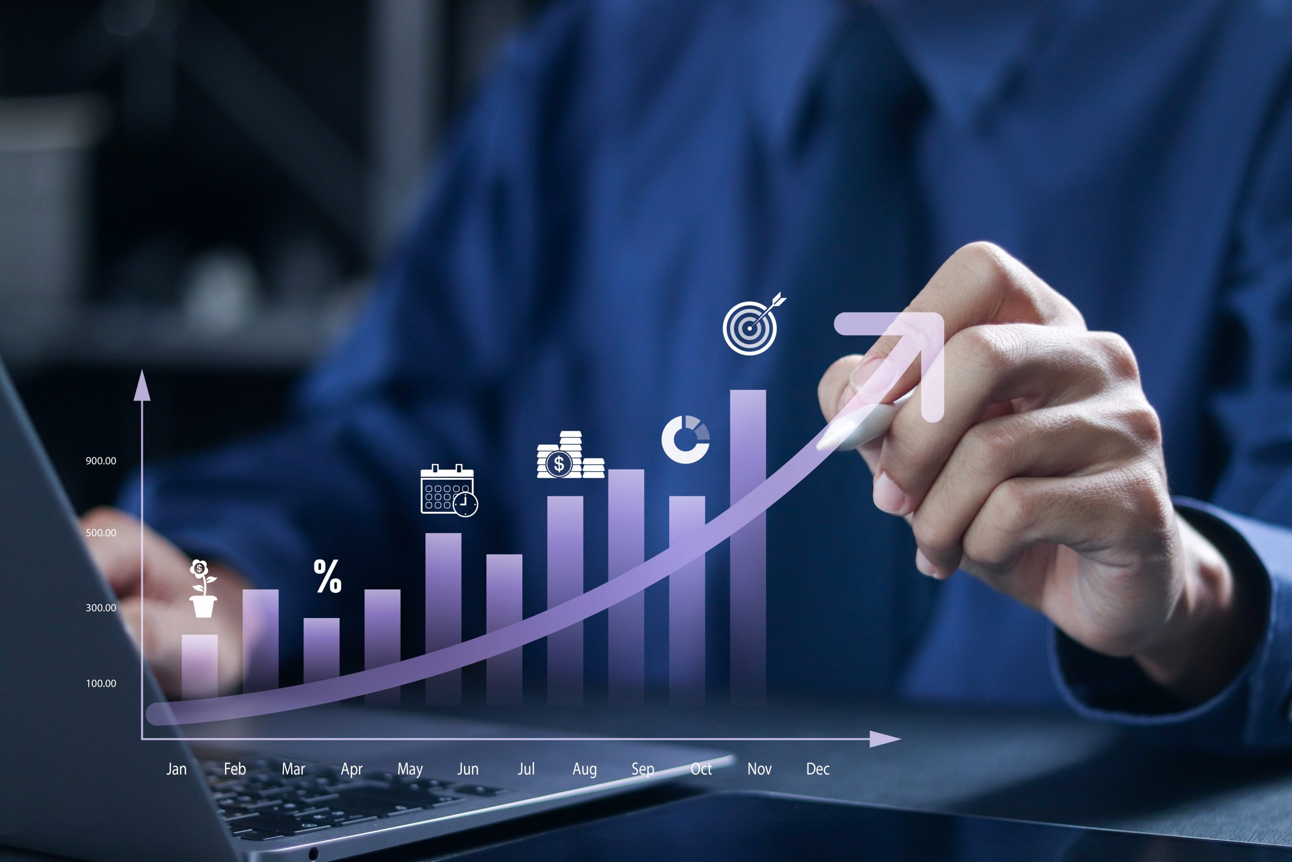 Investing for financial growth concept. Increase in income and wages, financial growth, improvement of economy, profitability of investment portfolio. Businessman use laptop with virtual chart.